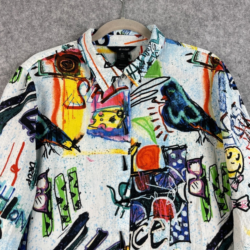 Ali Miles Tunic Top Womens XL Doodle Graffiti Print Button Up Pocket Artsy Boho - Picture 2 of 15